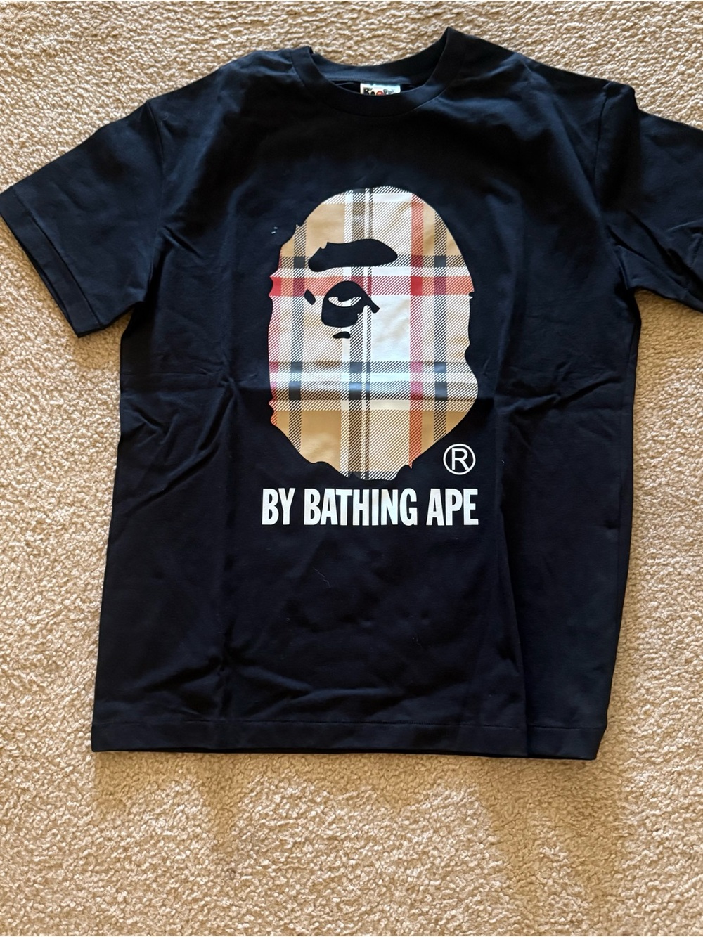 Bape Black Tee with Beige Plaid Ape Head Graphic M